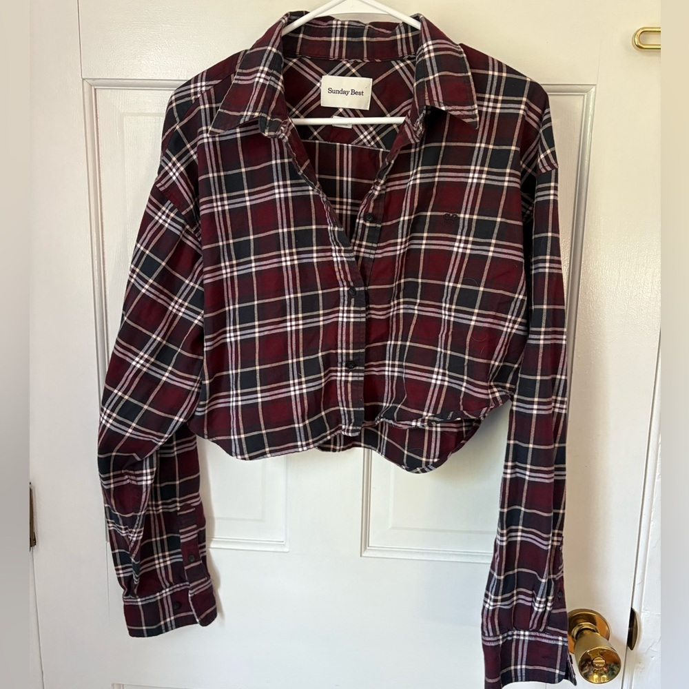 Sunday Best Aritzia Poppy Shirt Ada Spiced Burgundy Black Plaid, Size Medium M - Picture 2 of 14